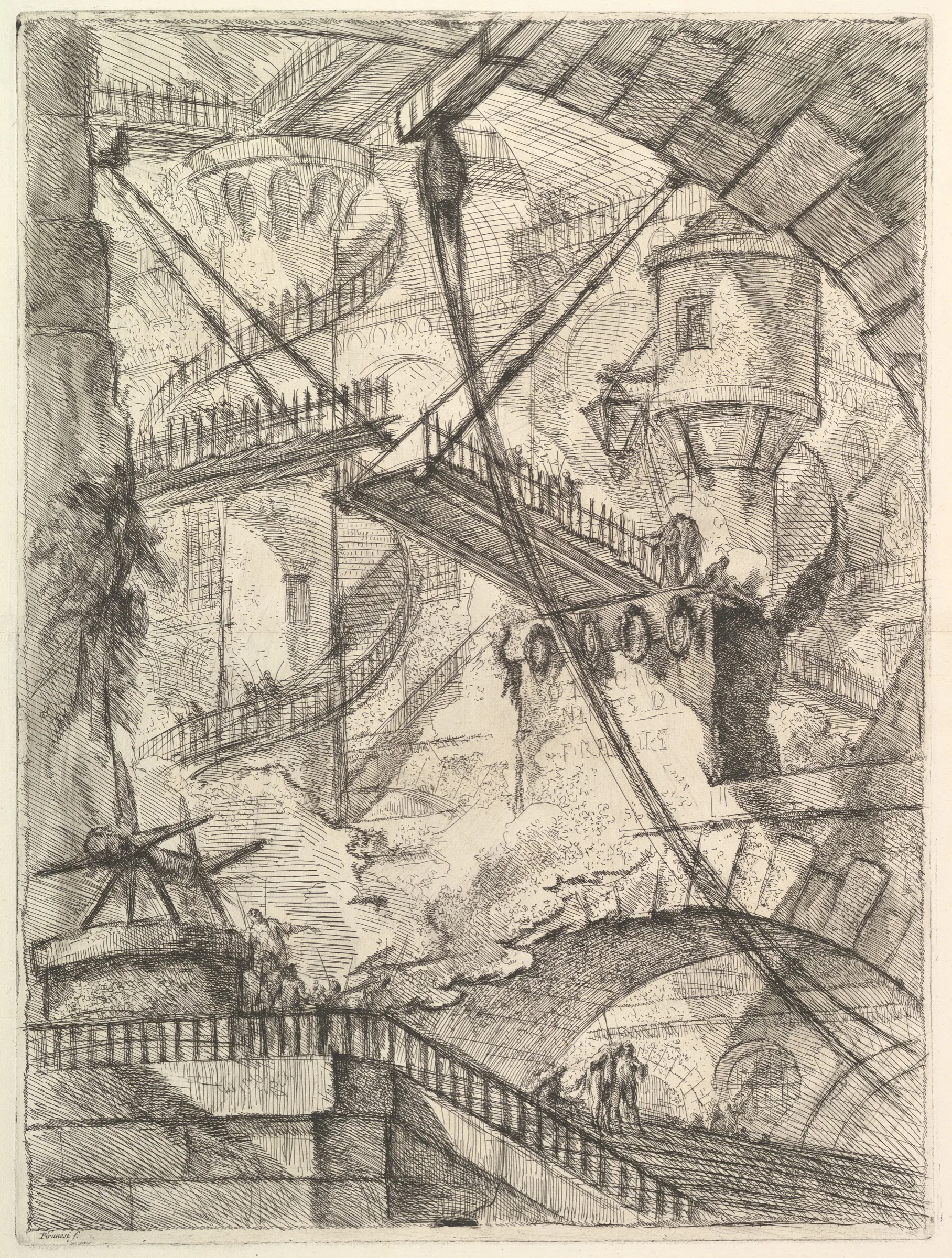 An imaginary prison interior filled with intersecting bridges, stairs, arches, ropes and monumental stone structures.