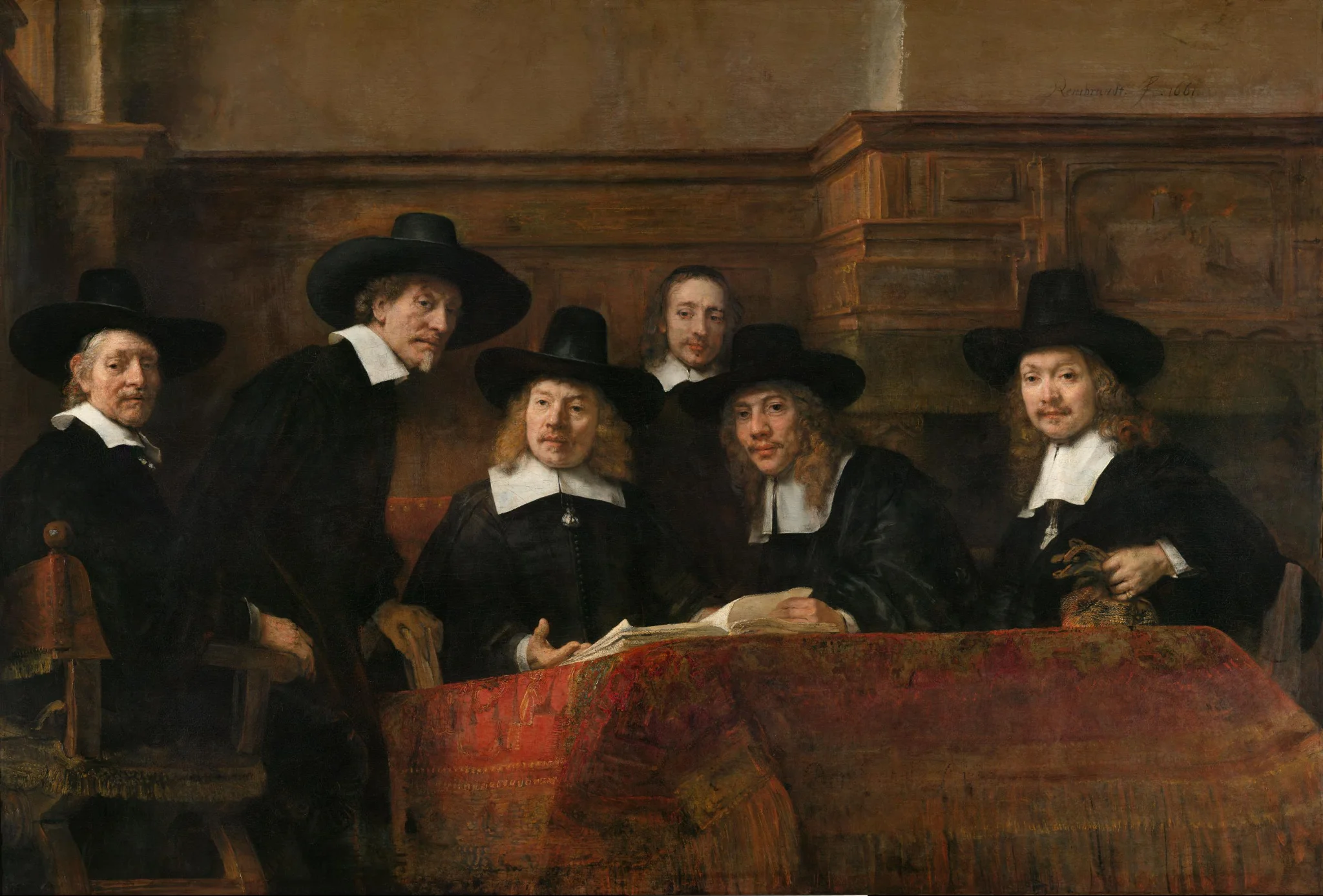 Six sampling officials of the Amsterdam Drapers' Guild gathered around an open book and a length of cloth.
